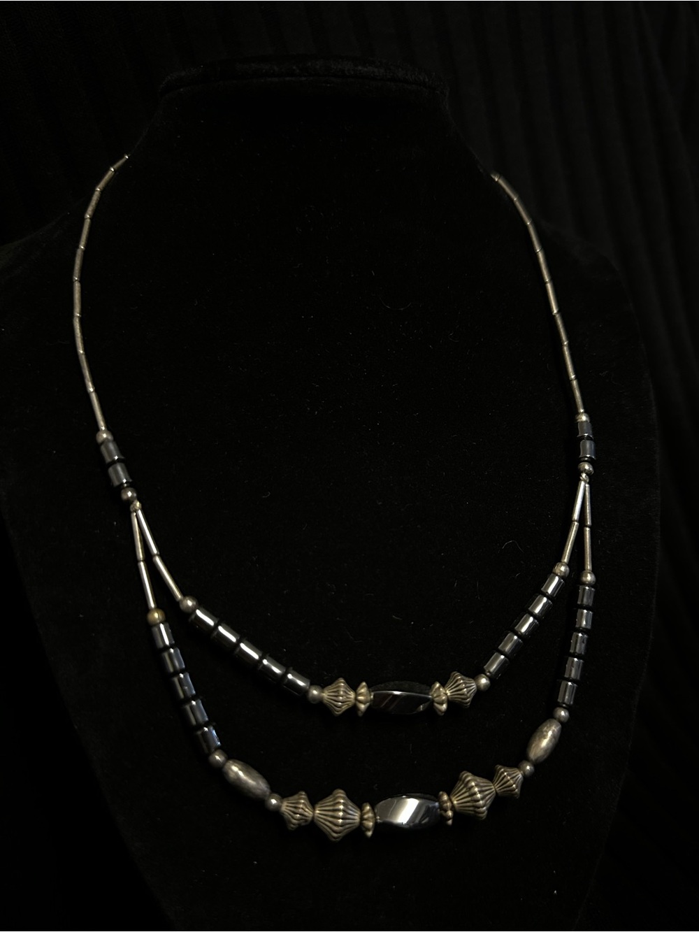 Vintage Handmade Double Strand Hematite Beaded Necklace - Black